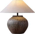 PURESILKS Farmhouse Hammered Pot Table Lamp, Rustic Handmade Ceramic Table Lamp,20.86' Tall Desk Lamp Country Style with Linen Drum Lampshade for Living Room Bedroom Nightstand Home Office