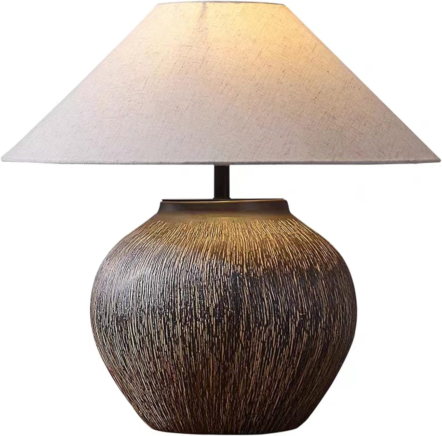 PURESILKS Farmhouse Hammered Pot Table Lamp, Rustic Handmade Ceramic Table Lamp,20.86' Tall Desk Lamp Country Style with Linen Drum Lampshade for Living Room Bedroom Nightstand Home Office