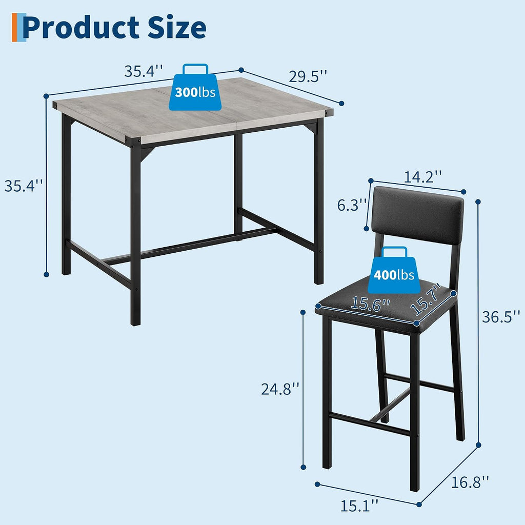 GarveeHome Dining Table Set for 2 w/Corner Protecto, Dining Room Table Set with Footrest & Backrest, Counter Height Table with 2 Upholstered Bar Stools, for Apartment, Pub, Rustic Gray