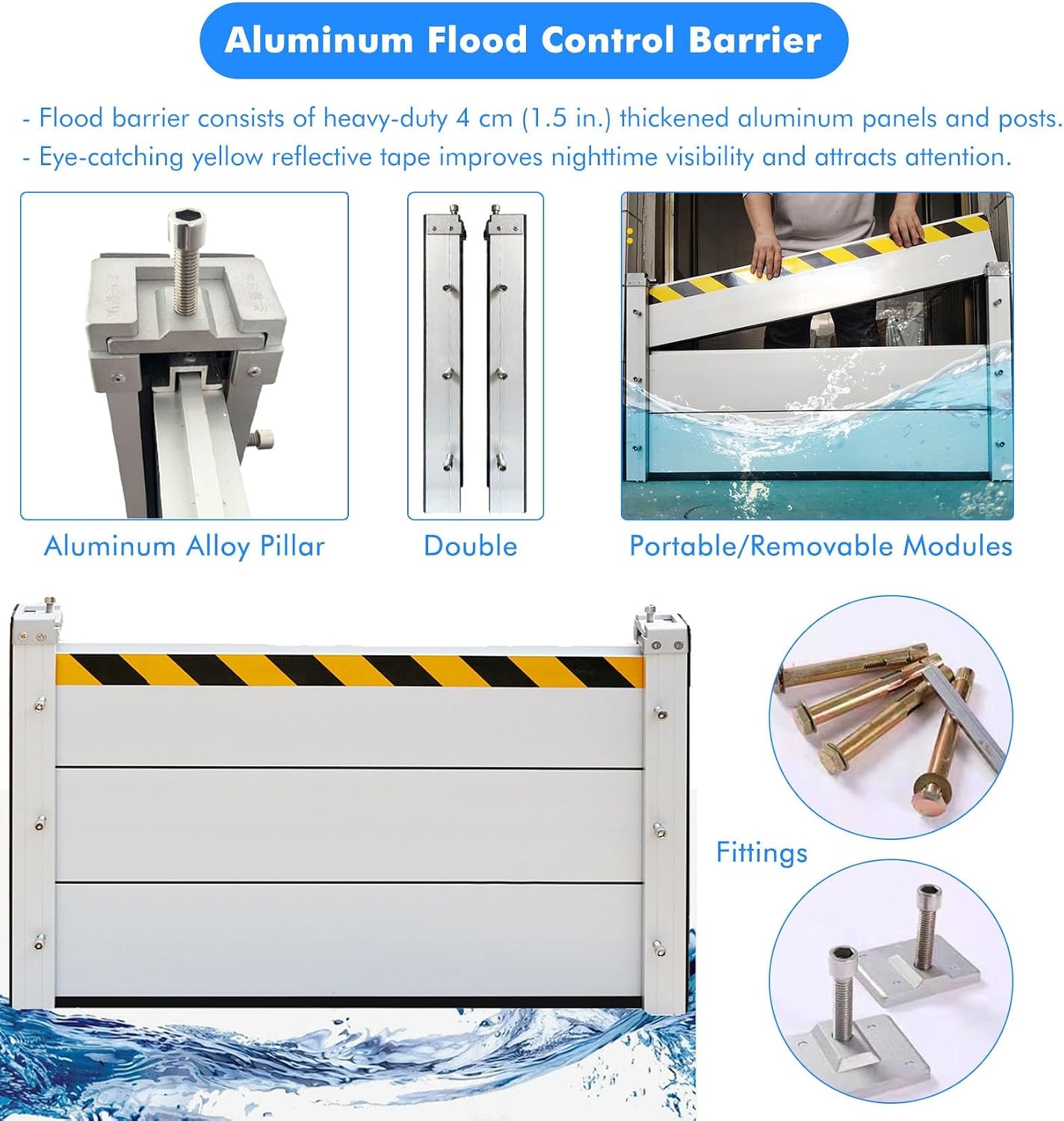 Heavy Duty Water Flood Control Shield Metal Water Barriers for Flooding with Fittings, 2 3 4 5 6 7 7.5 FT Wide Flood Control Protection Baffle/Exterior Door,Silver-h 60cm/23.6in-W 7.5FT/2.3M