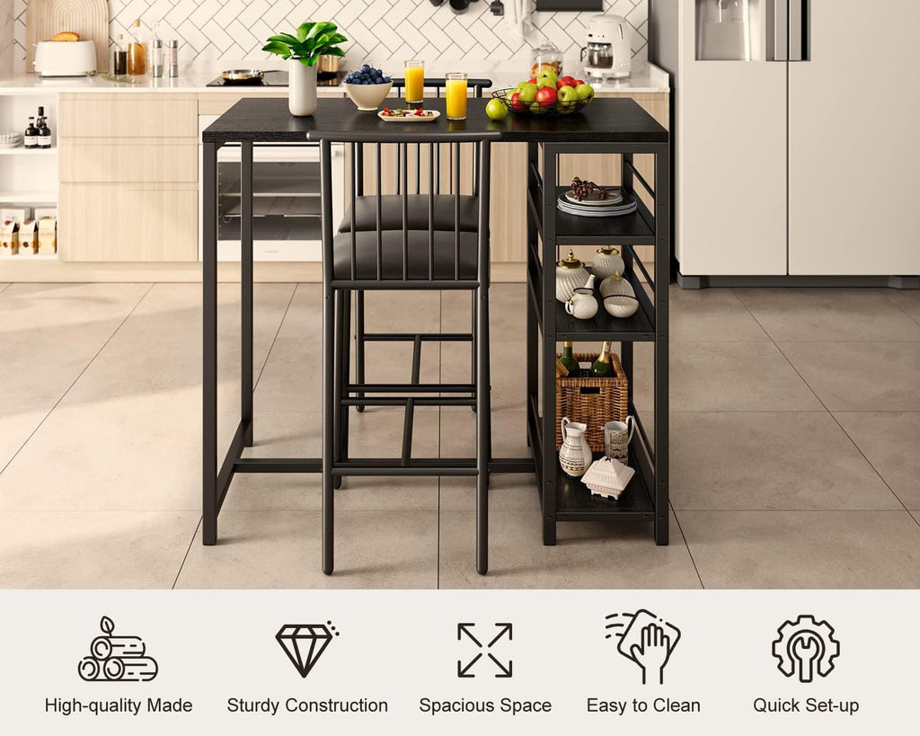 Gizoon Dining Table Set for 2 with 3 Storage Shelves, Kitchen Table and Chairs for 2 with Pu Cushion Chairs & Thick Wood Top, 3 Piece Dining Table Set for Small Space, Apartment - Black