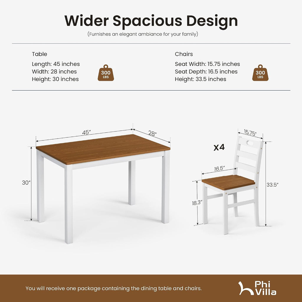 PHI VILLA Dining Table Set for 4, Solid Wood Farmhouse Kitchen Table Chairs Set of 4, 5 Piece Space-Saving Dining Room Table Set for Apartment, American Walnut& White