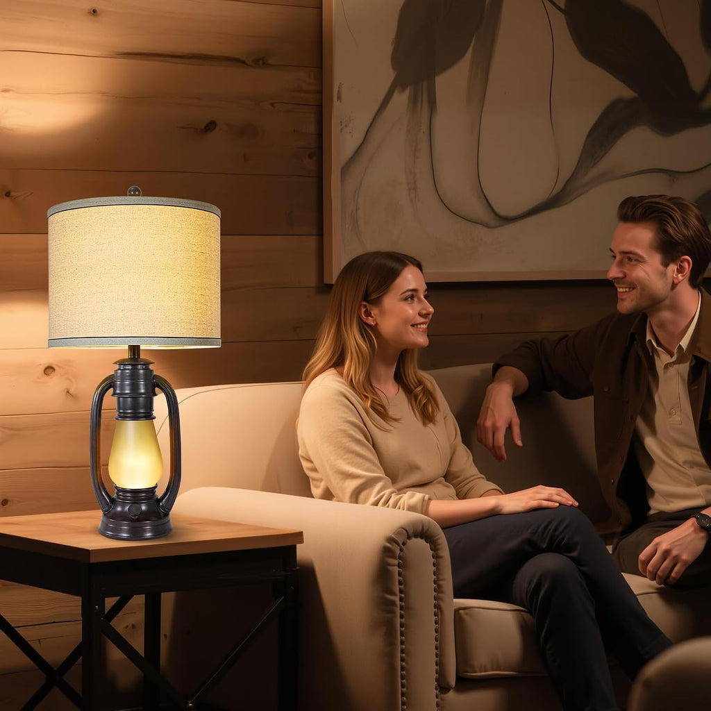 26'' Vintage Lantern Table Lamps Set of 2, Retro Bedside Nightstand Lamp with Nightlight and Linen Shade, Rustic Desk Lamp with USB A+C Ports, Farmhouse Table Lamps for Living Room Bedroom Study room