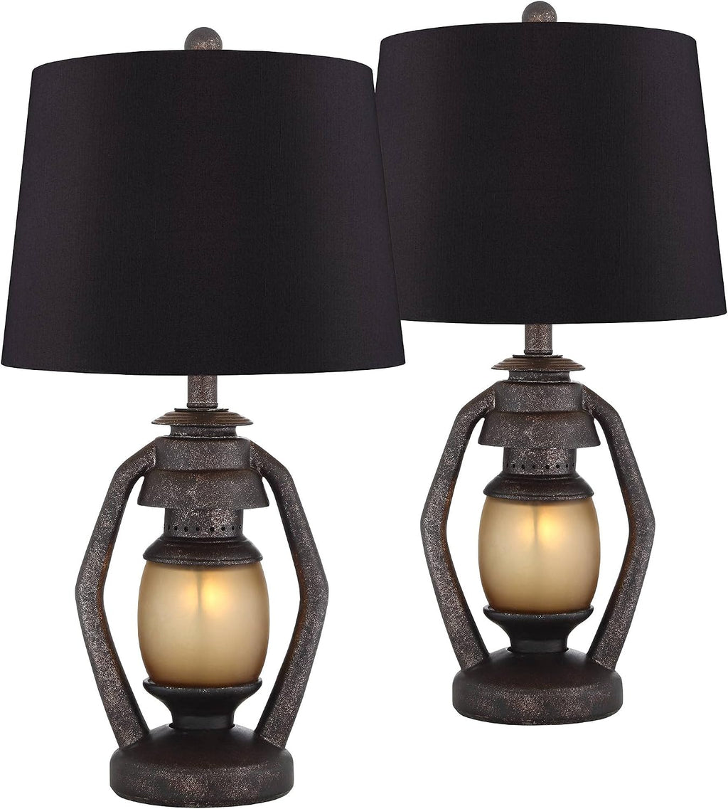 Franklin Iron Works Horace Rustic Farmhouse Industrial Table Lamps 25.25' High Set of 2 with Nightlight Bronze Black Faux Silk Drum Shade for Living Room Bedroom House Bedside Nightstand Home