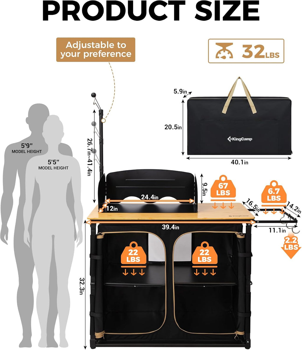 KingCamp Bamboo Camp Kitchen Station, Folding Overland Camping Kitchen Table Hooks Portable Outdoor Cooking with Adjustable Lantern Pole & Windshield Storage Organizer for Tailgating BBQ Picnic RV