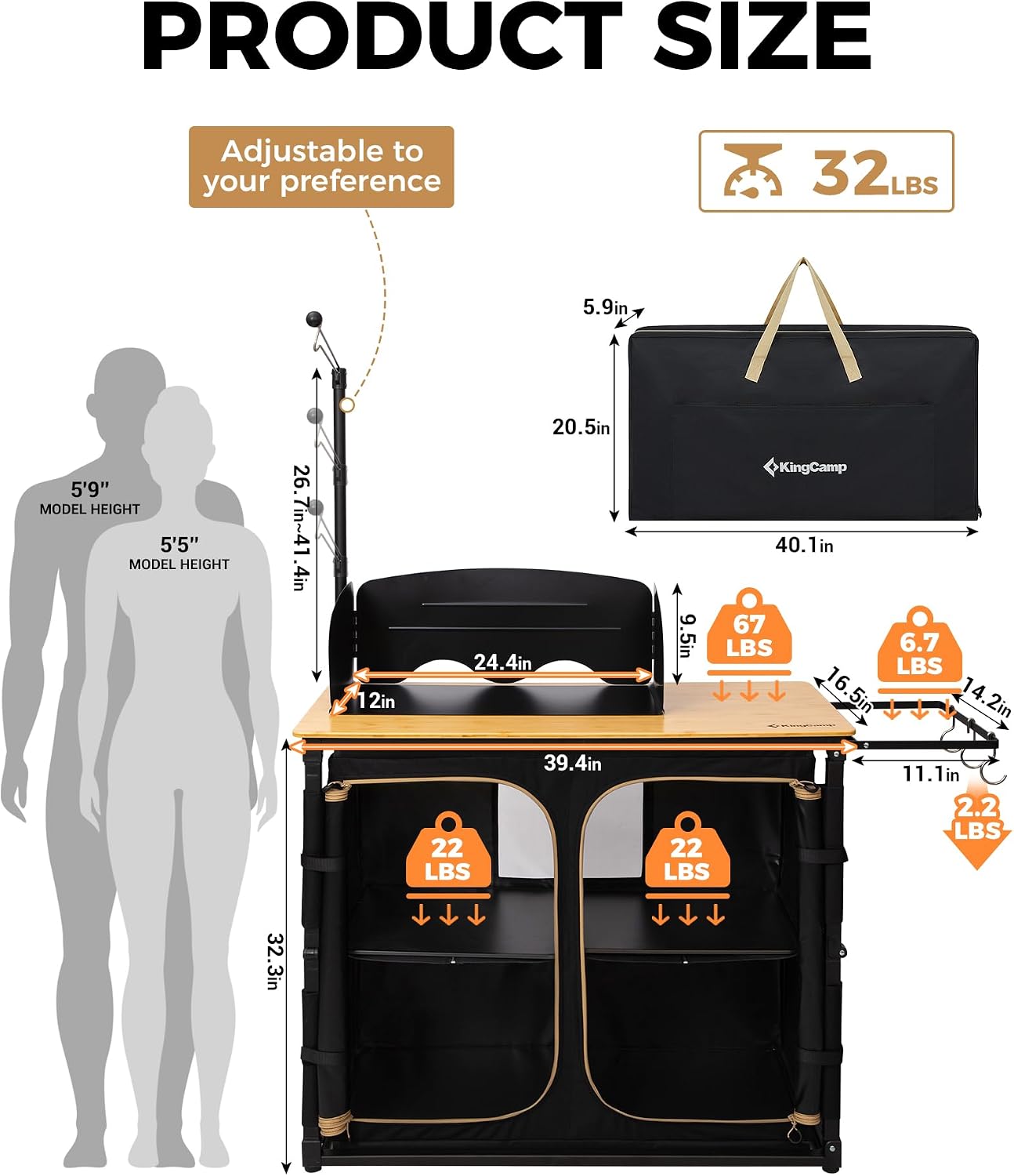 KingCamp Bamboo Camp Kitchen Station, Folding Overland Camping Kitchen Table Hooks Portable Outdoor Cooking with Adjustable Lantern Pole & Windshield Storage Organizer for Tailgating BBQ Picnic RV