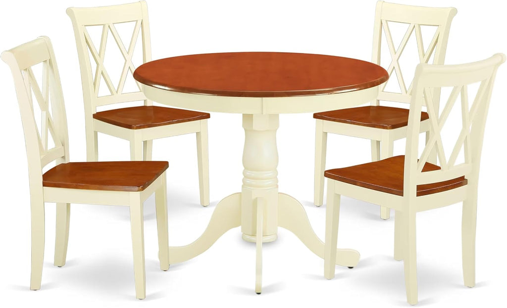 East West Furniture ANCL5-BMK-W 5 Piece Dining Table Set for 4 Includes a Round Kitchen Table with Pedestal and 4 Dining Room Chairs, 36x36 Inch, Buttermilk & Cherry