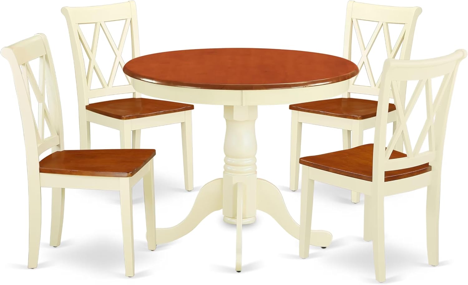 East West Furniture ANCL5-BMK-W 5 Piece Dining Table Set for 4 Includes a Round Kitchen Table with Pedestal and 4 Dining Room Chairs, 36x36 Inch, Buttermilk & Cherry