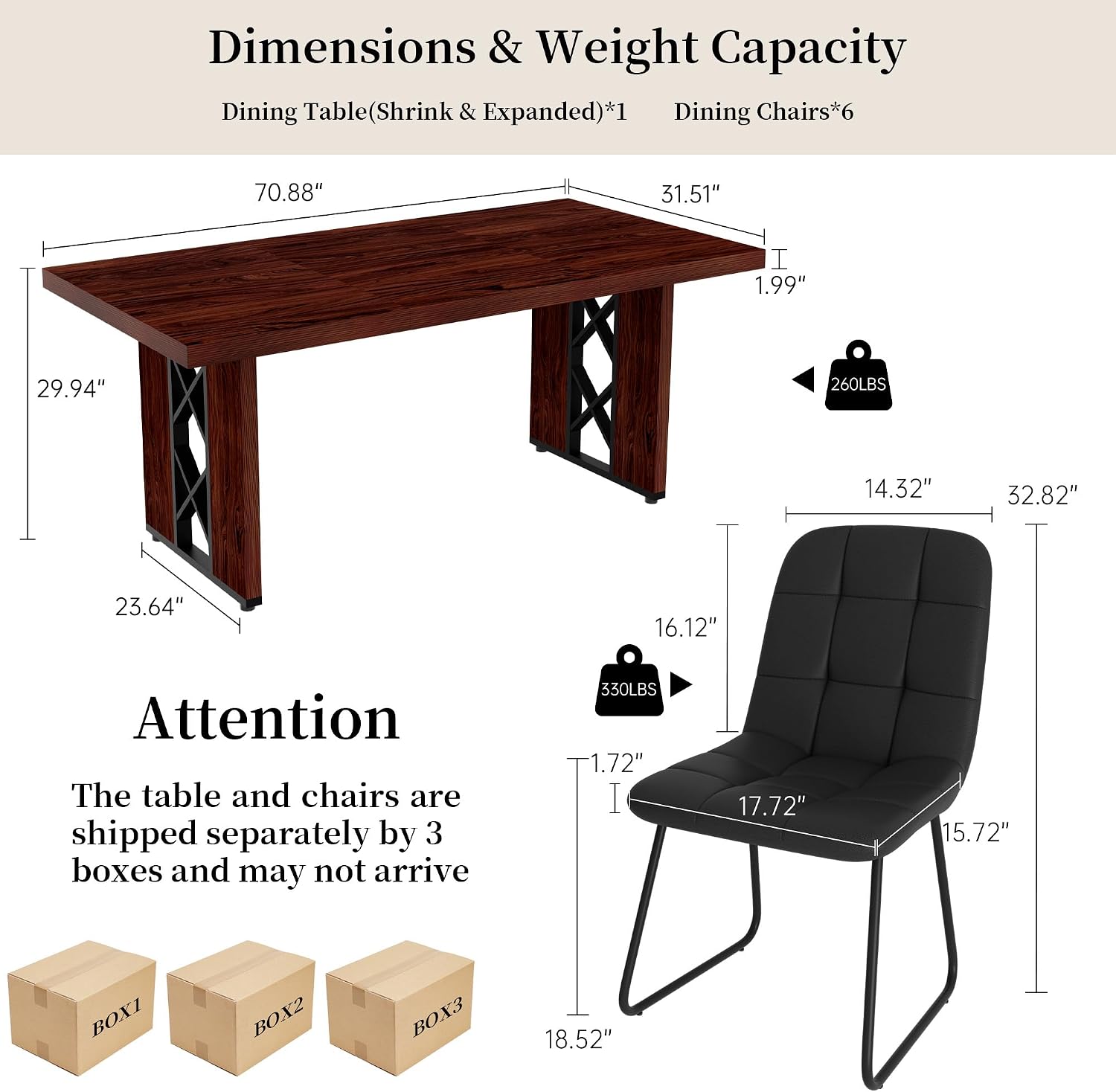 HIPIHOM 7-Piece Dining Table Set for 6 People, 70.8' MDF Kitchen Table with 6 Upholstered Chairs, Space-Saving for Dining Room, Breakfast Nook(Walnut Table+6 U-Shaped Black Chairs)