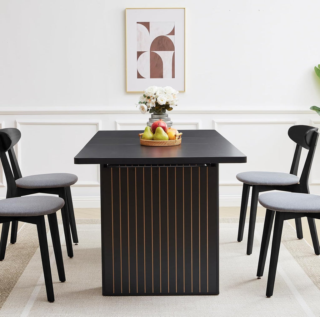 55 in–71 in Extendable Rectangular Dining Table for 4–6, Modern Farmhouse Expandable Kitchen Table with Carved Line Base, Wooden Dinner Table for Kitchen Living Room Home Office (Black)