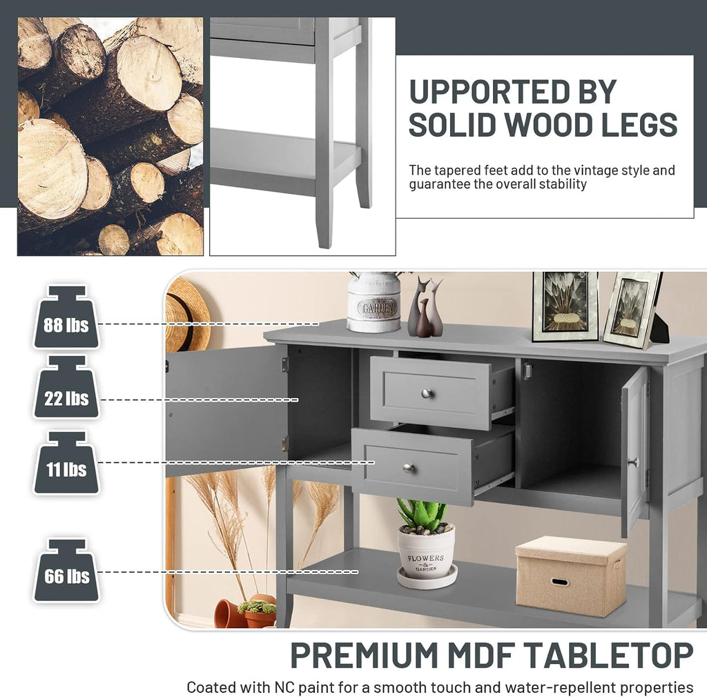 COSTWAY Buffet Sideboard, with 2 Wood Storage Drawers & Open Shelf, Console Table for Living Room Kitchen Dining Room Furniture (Grey)