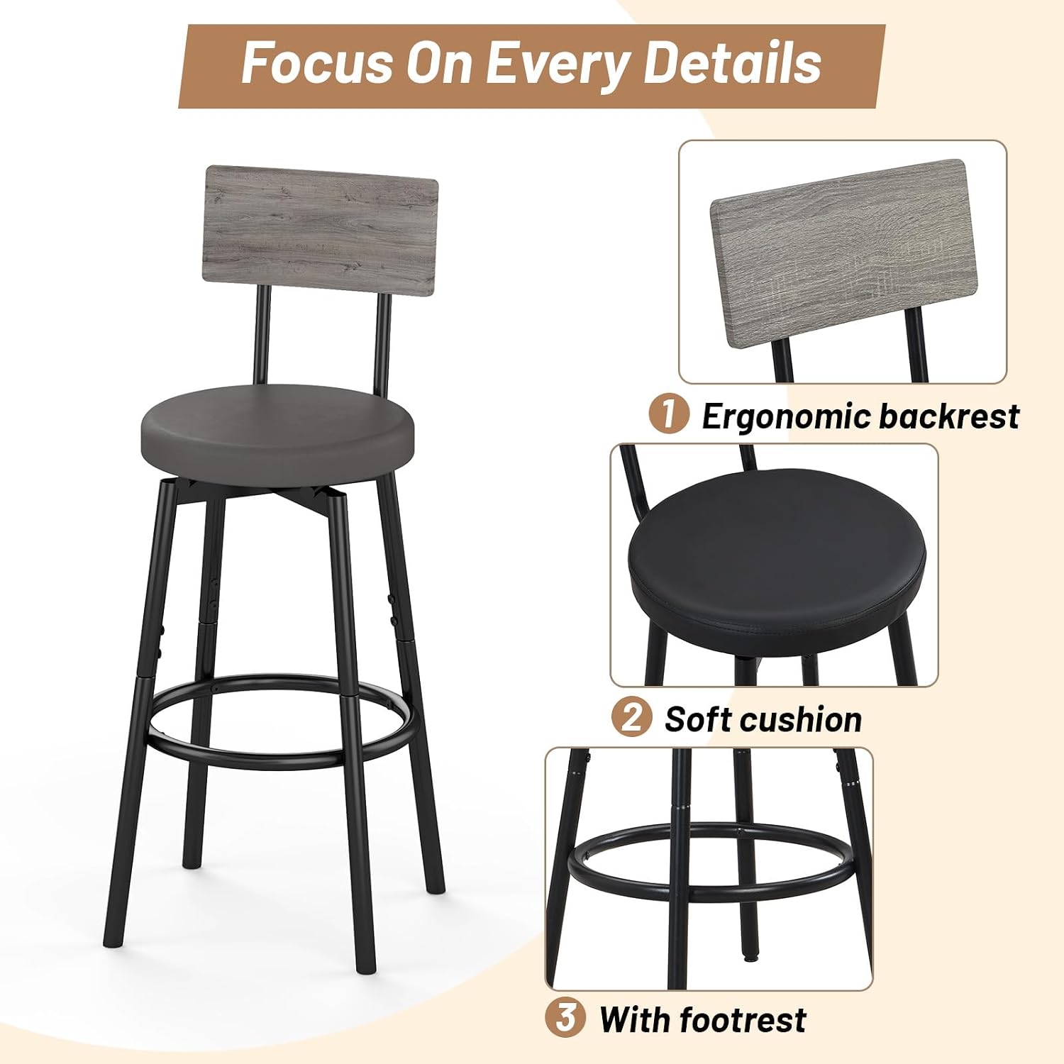 Zevemomo Dining Table Set for 4, 5-Piece Bar Table Set, Kitchen Table and Chairs, Counter Height High Top Table with 4 PU Upholstered Stools, Space-Saving Pub Table Sets for Small Space, Gray