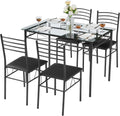 VECELO Dining Table Set for 4, 5-Piece Glass Kitchen Table with Upholstered Padded Chairs for Small Space, Breakfast Nook, Space-Saving, Black