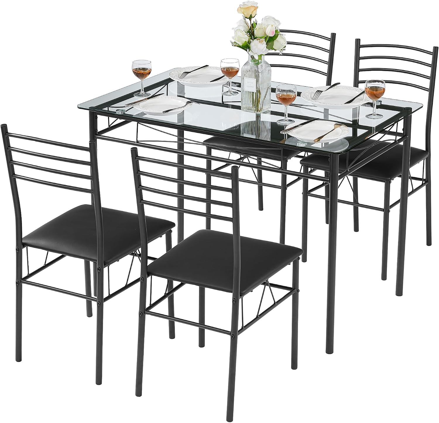 VECELO Dining Table Set for 4, 5-Piece Glass Kitchen Table with Upholstered Padded Chairs for Small Space, Breakfast Nook, Space-Saving, Black