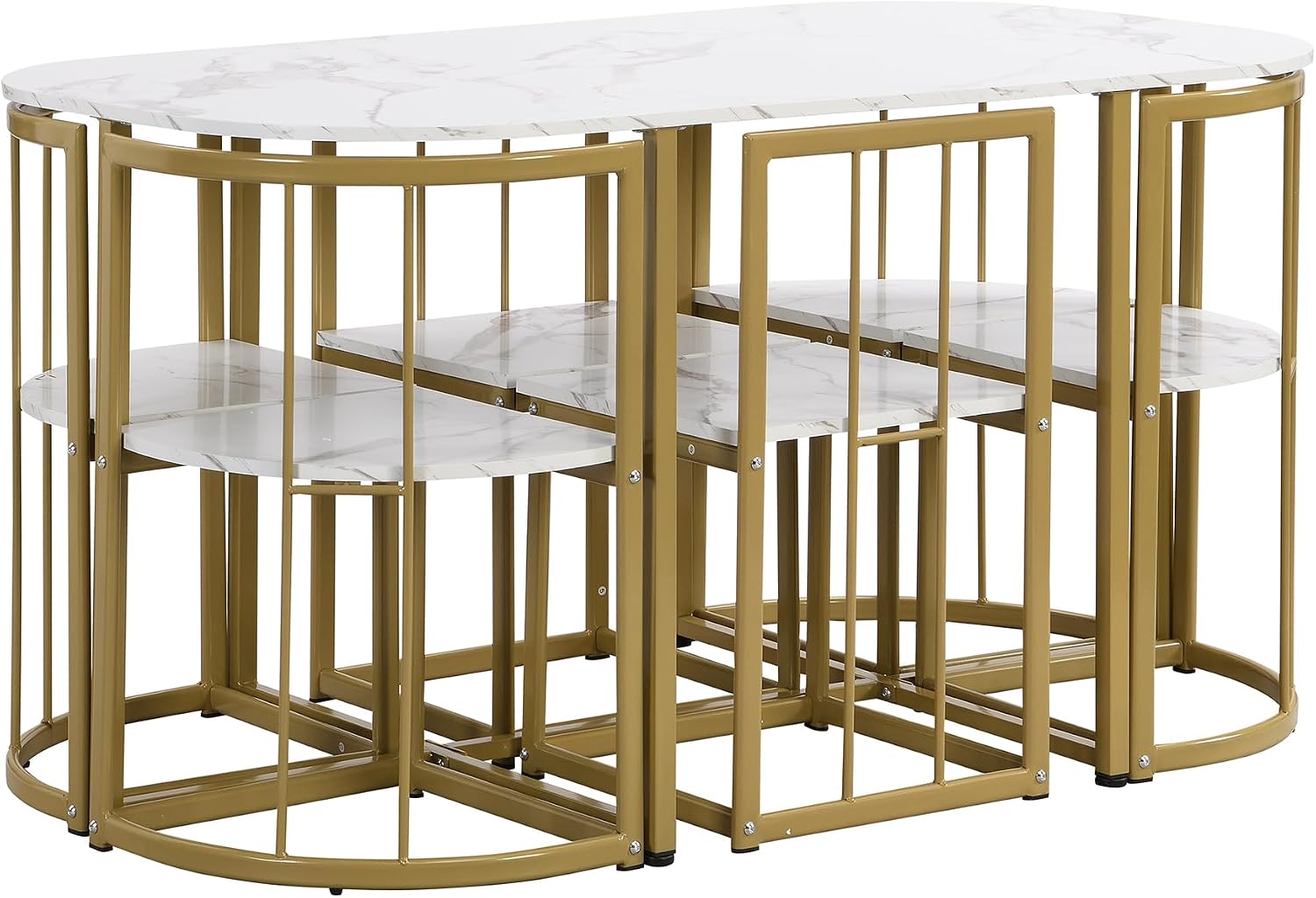 Metal 7 Piece Kitchen Dining Table Set with Chairs for Saving Space Metal Dining Room Table Set for 6 Persons, Golden White