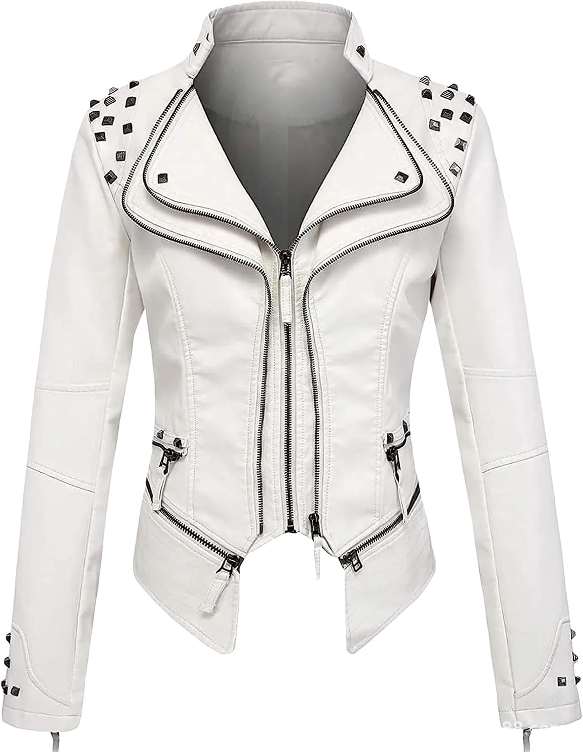 Women's Washed Pu Leather Jacket - Short Turn-Down Collar With Rivet Details Spring Autumn Wear