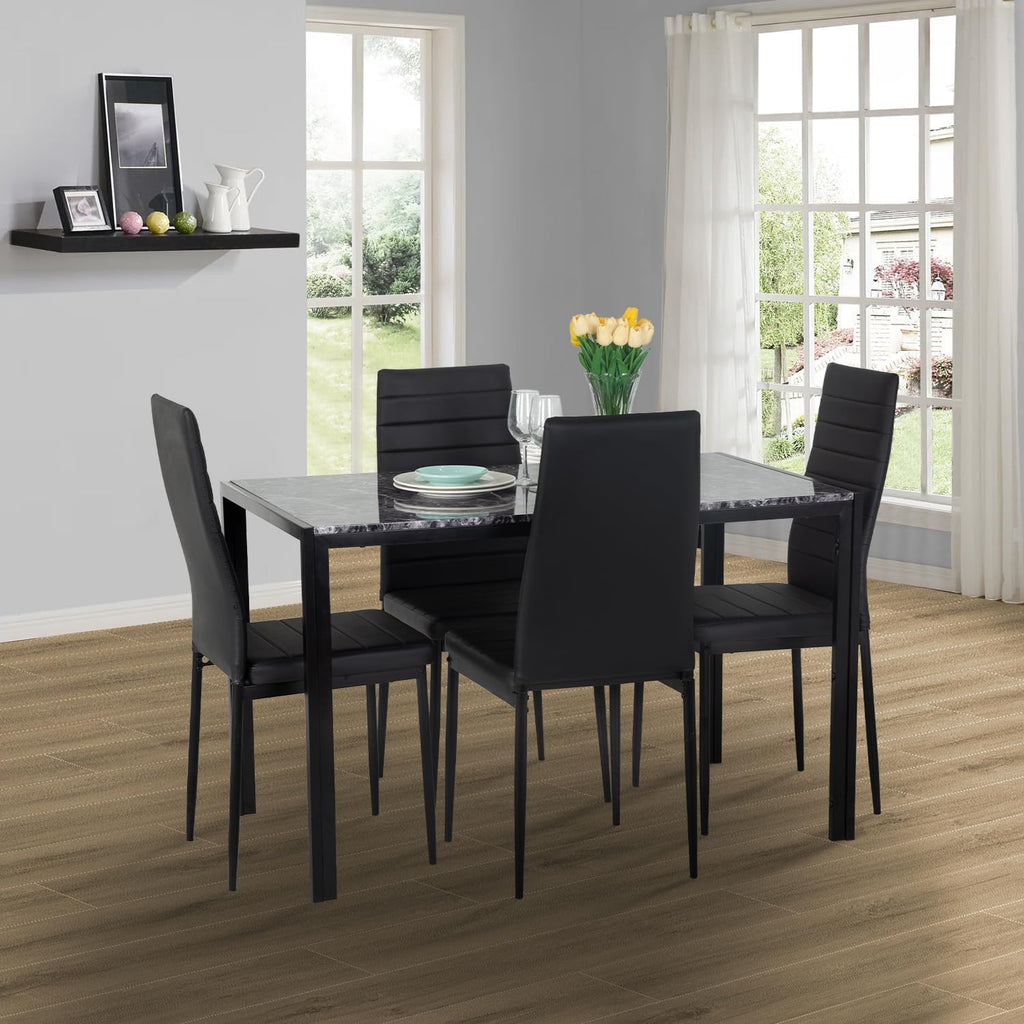 PayLessHere Dining Table and Chairs Set, Modern Rectangular Marble Table top with 4 Chairs PU Leather for Dining Room and Kitchen, Black Marble