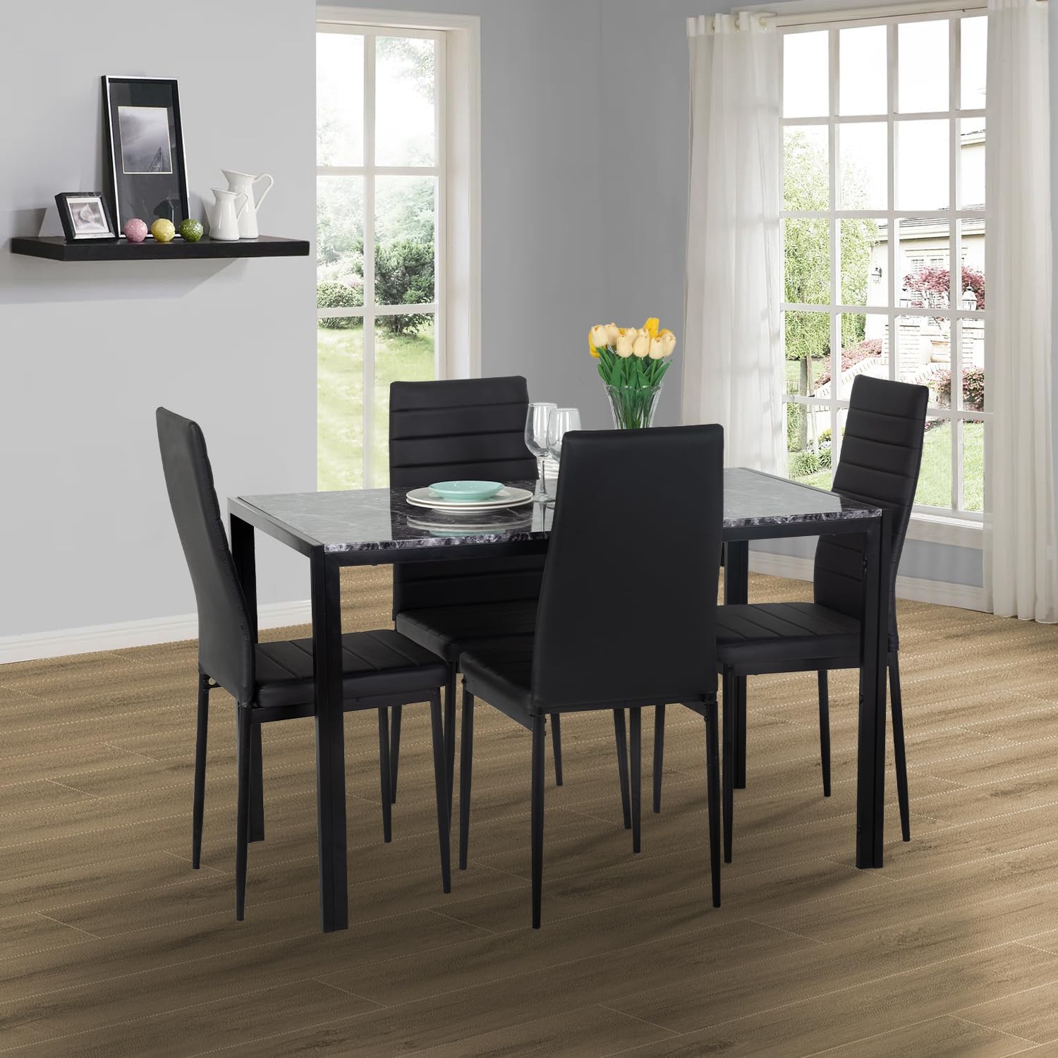 PayLessHere Dining Table and Chairs Set, Modern Rectangular Marble Table top with 4 Chairs PU Leather for Dining Room and Kitchen, Black Marble