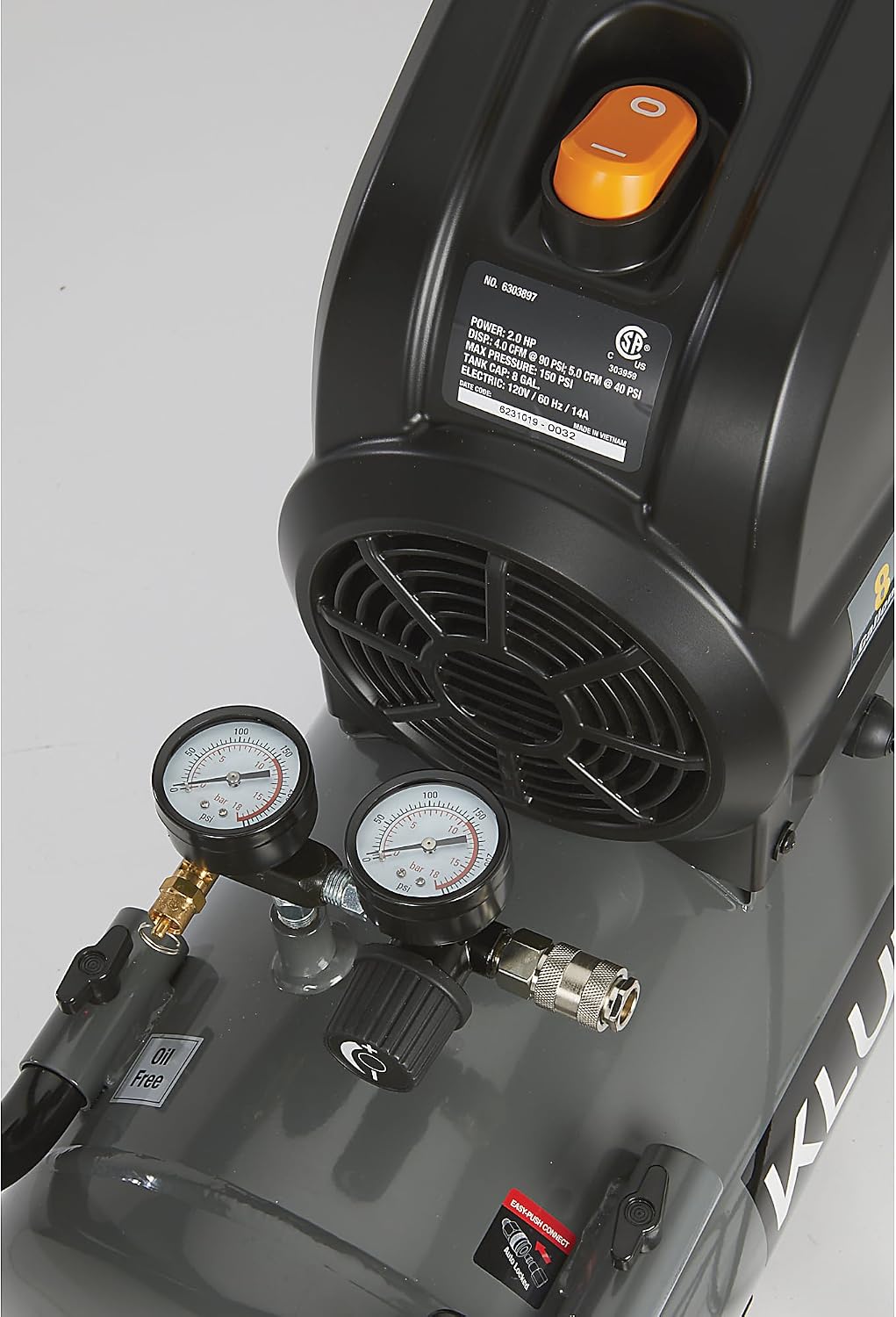 Klutch 8-Gal. Hot Dog Air Compressor, 2 HP Motor, 120 Volts, 150 PSI