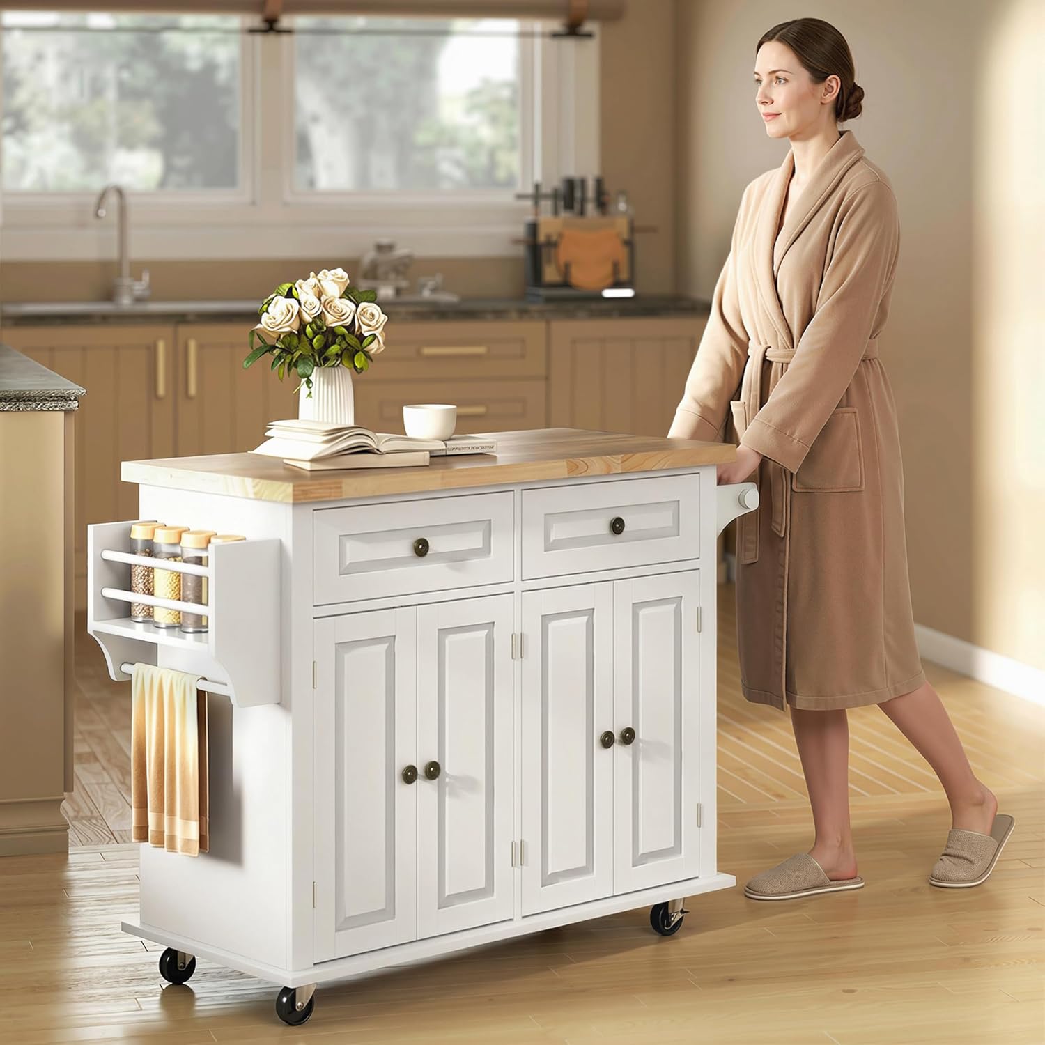 HOMCOM Kitchen Island Cart with Solid Wood Top, 44' Mobile Kitchen Island Table on Wheels with Storage Cabinets, 2 Drawers, Adjustable Shelves, Spice Rack & Towel Bar for Dining Room, White