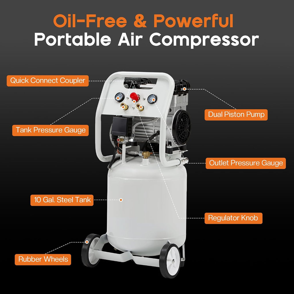 Albott 10 Gallon Electric Air Compressor, 1.8 HP Vertical Wheeled Tank | Oil-Free Air Compressor with Copper Motor 115 PSI Max Pneumatic Tool Tire Inflation Use