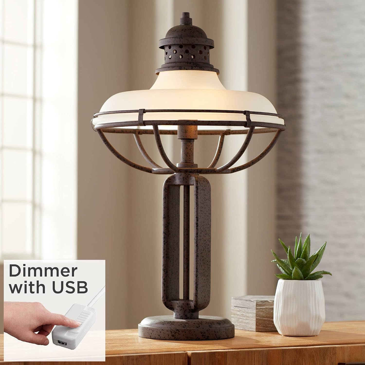 Franklin Iron Works Rustic Western Industrial Table Lamp with Dimmer and USB Charging Port 26.5' High Rust Bronze Metal Open Cage Half-Dome Glass Shade Living Room Bedroom House Bedside Nightstand