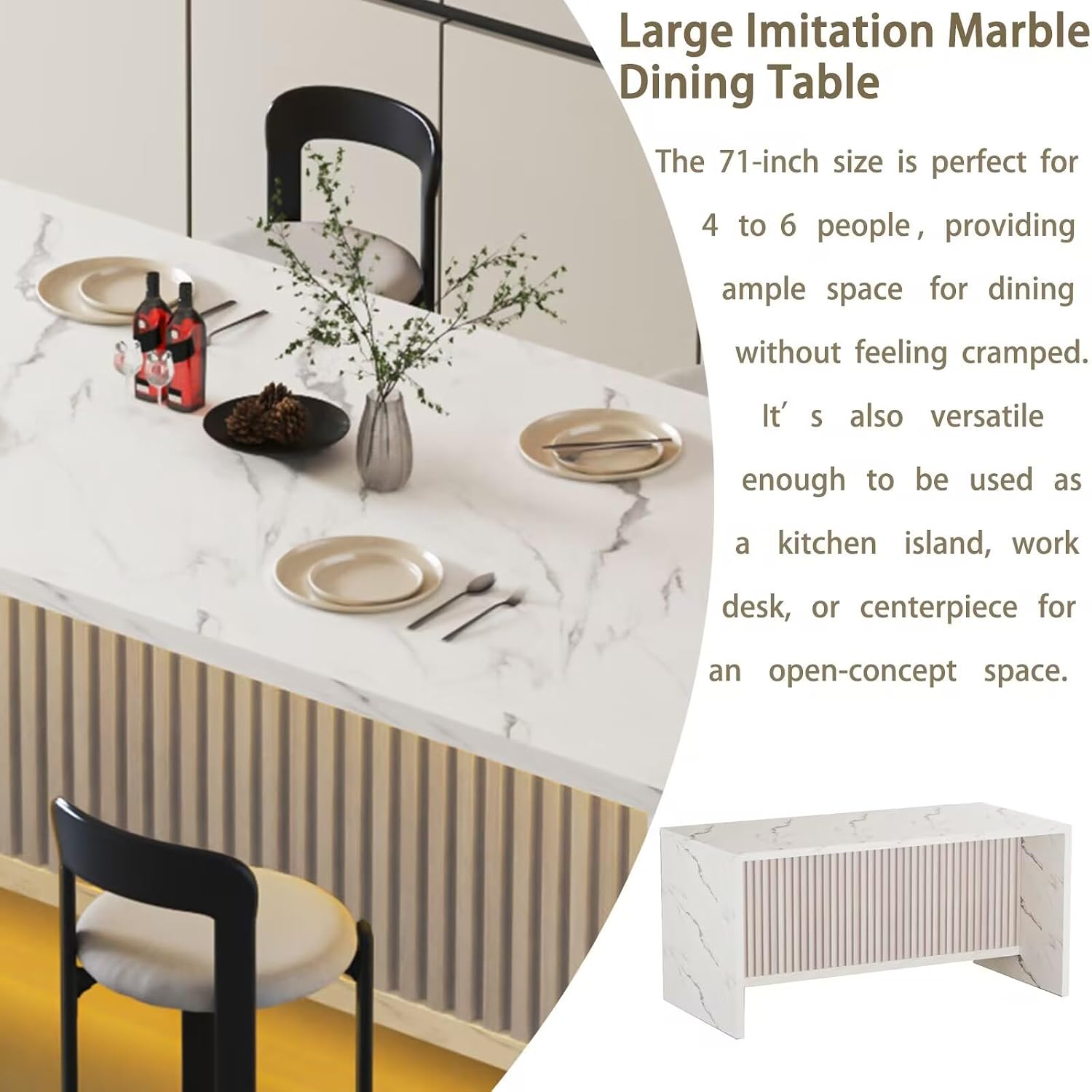 71'' Large Faux Marble Dining Table for 6 People, 37.4''H Tall Modern Kitchen Island with LED Lights, Rectangle Kitchen Dining Table for Home