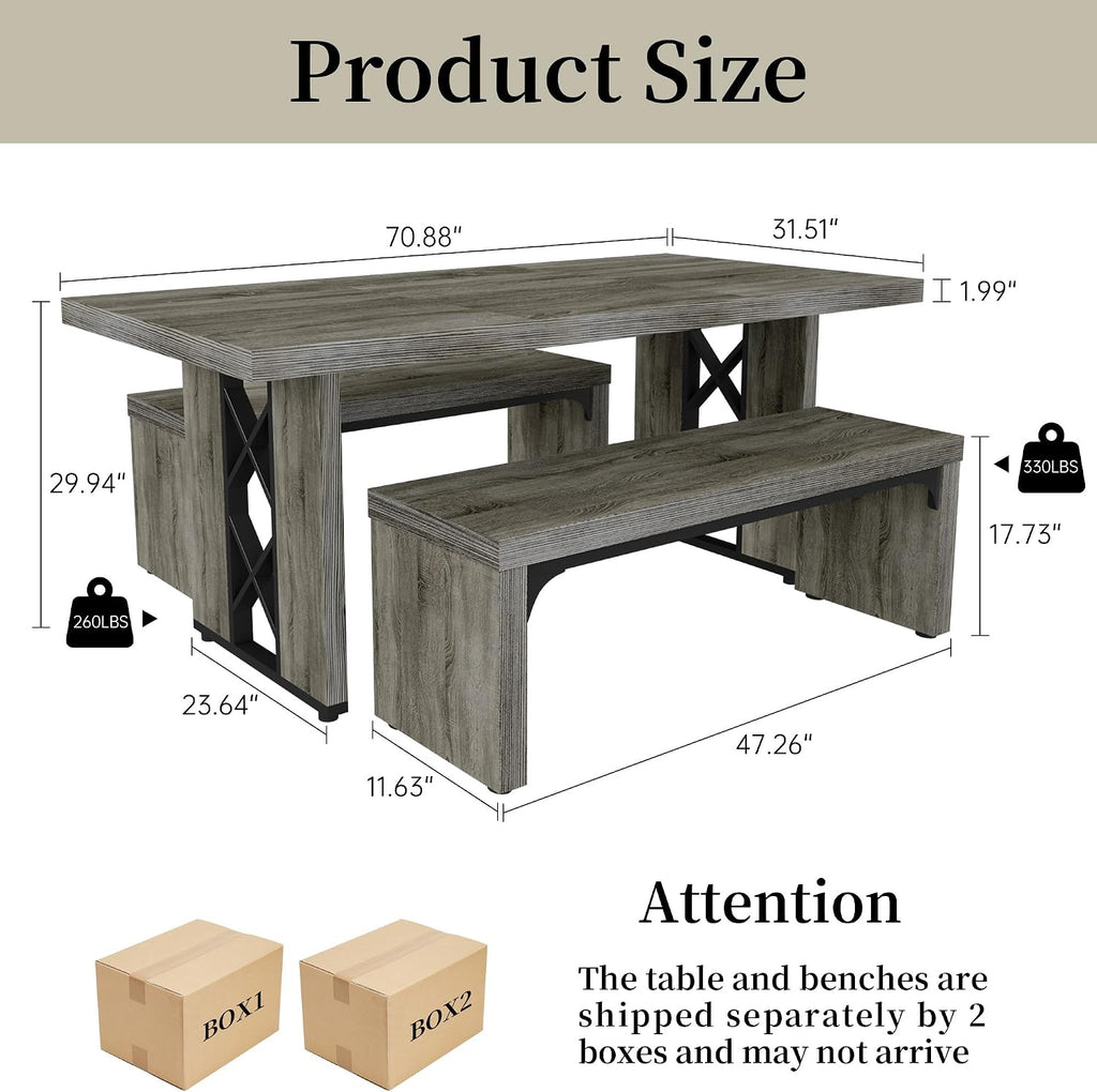 HIPIHOM 3-Piece Dining Table Set for 6 People, 70.8'' Rectangle Kitchen Table with 2 Benches for Breakfast Nook, Dining Room Furniture(Grey Table+2 Benches)
