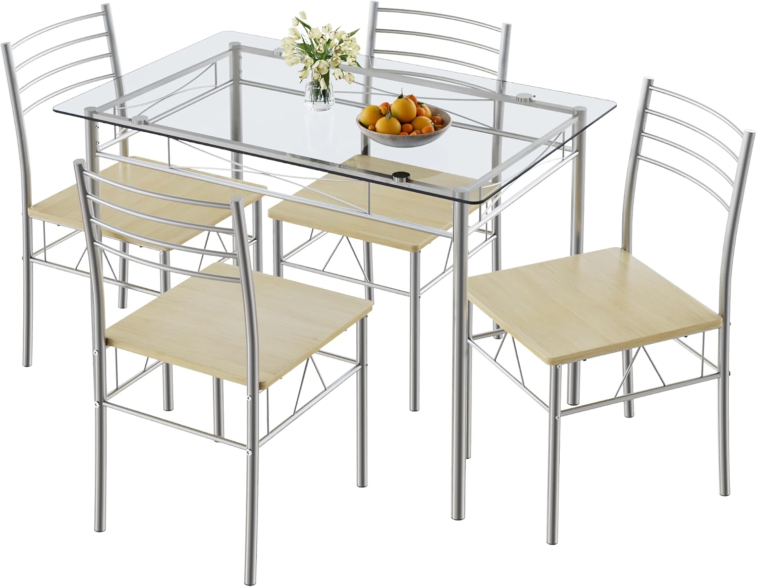 VECELO Dining Table Set for 4, 5-Piece Glass Kitchen Table with Chairs for Small Space, Breakfast Nook, Space-Saving, Silver