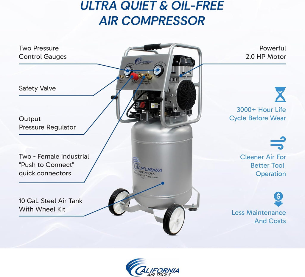 California Air Tools 10020C 2.0 HP Ultra Quiet and Oil-Free Air Compressor, 10 Gallon Steel Tank with Wheels, 70 dBA Noise Level
