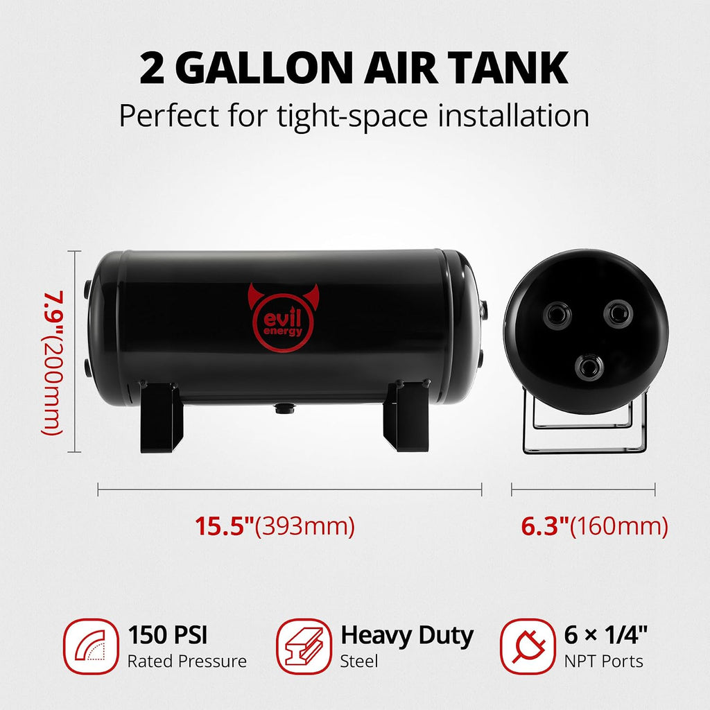 EVIL ENERGY 2 Gallon Air Tank and Compressor Kit 6 Ports 1/4' NPT 150PSI Rated 12V Compressor Air Tank for Air Horn, Inflating Tires, Car, Truck, Suspension Systems, Train Horn, DIY Pneumatic Tools