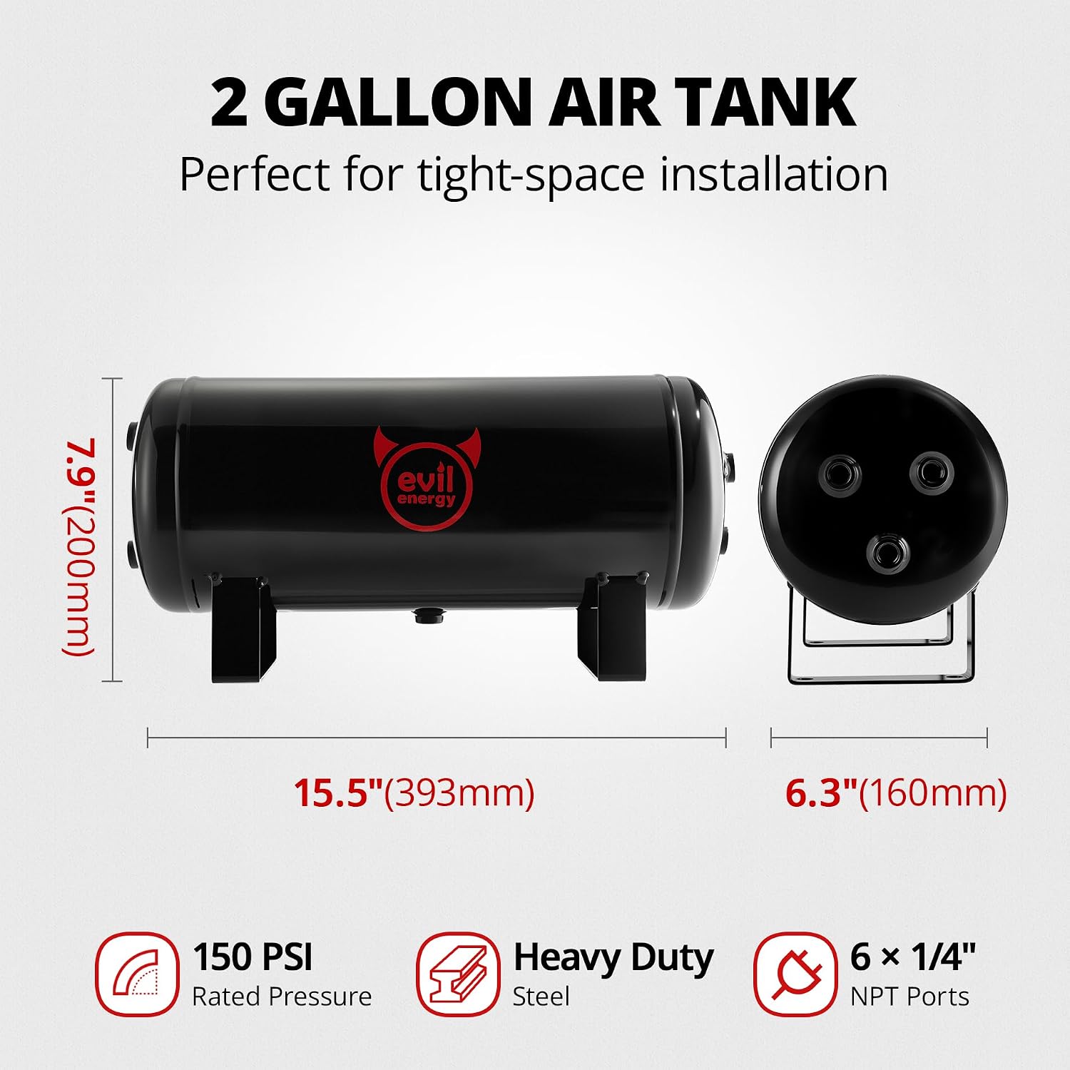 EVIL ENERGY 2 Gallon Air Tank and Compressor Kit 6 Ports 1/4' NPT 150PSI Rated 12V Compressor Air Tank for Air Horn, Inflating Tires, Car, Truck, Suspension Systems, Train Horn, DIY Pneumatic Tools