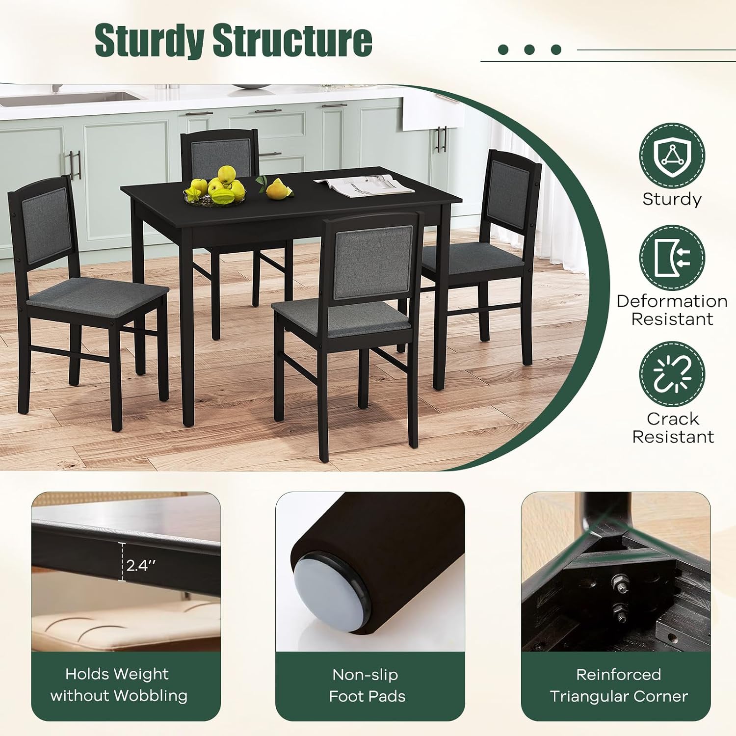 NAFORT Kitchen Table Set for 4, Mid-Century Modern Dining Table and Chairs Set of 4, Farmhouse Dinner Set w/ 4 Upholstered Chairs, Rubber Wood Dinette Set for Kitchen& Dining Room, Restaurant