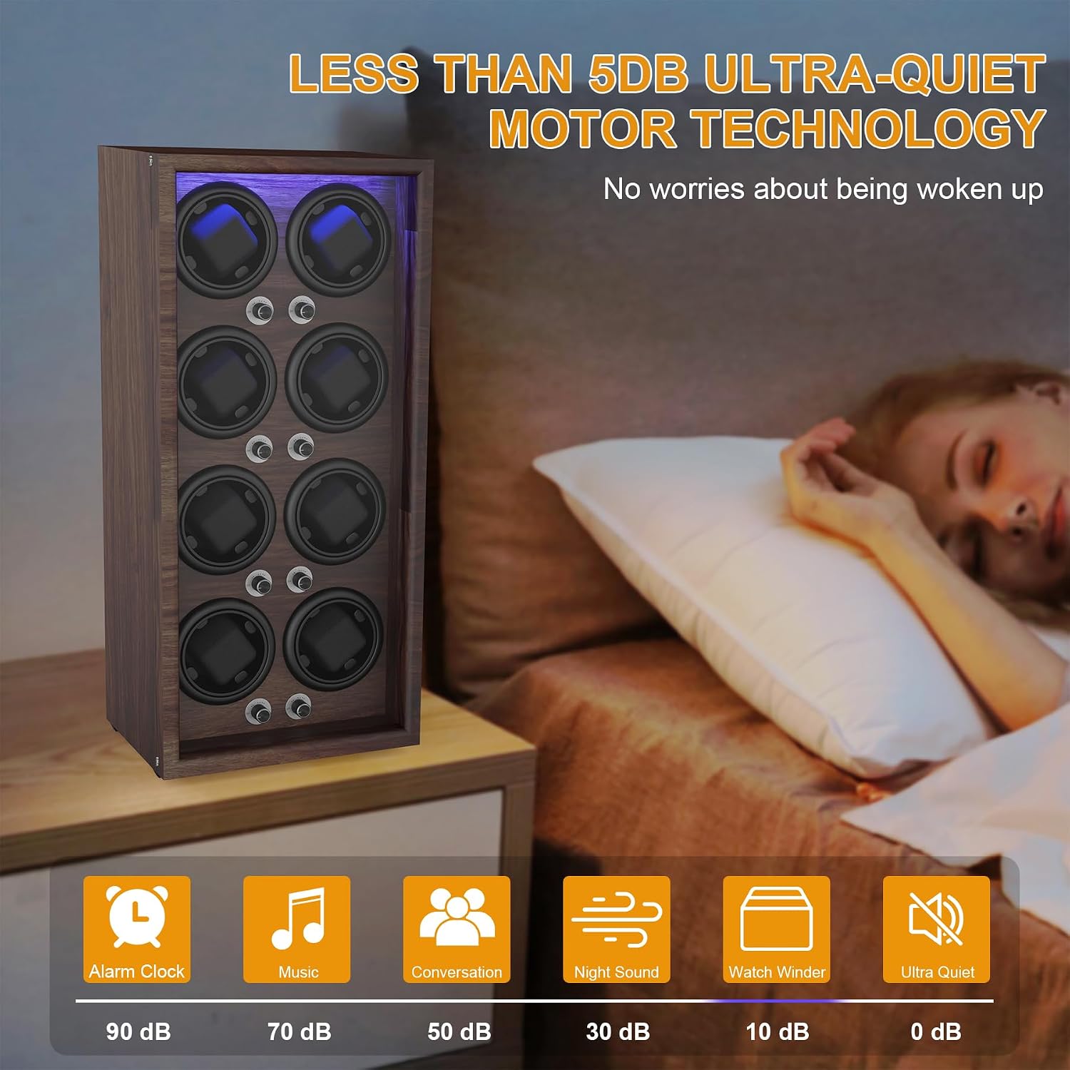 Watch Winder for Automatic Watches,Wooden Watch Rotating Case with LED Light,4 Rotation Modes,Elastic Watch Pillows Quiet Mabuchi Motor