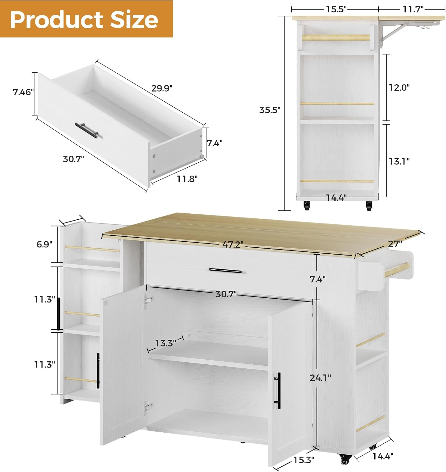 IRONCK Kitchen Island with Storage, 47.2in Rolling Island on Wheels, Kitchen Cart with Drop Leaf, Drawer and Towel Rack for Home, Dining Room