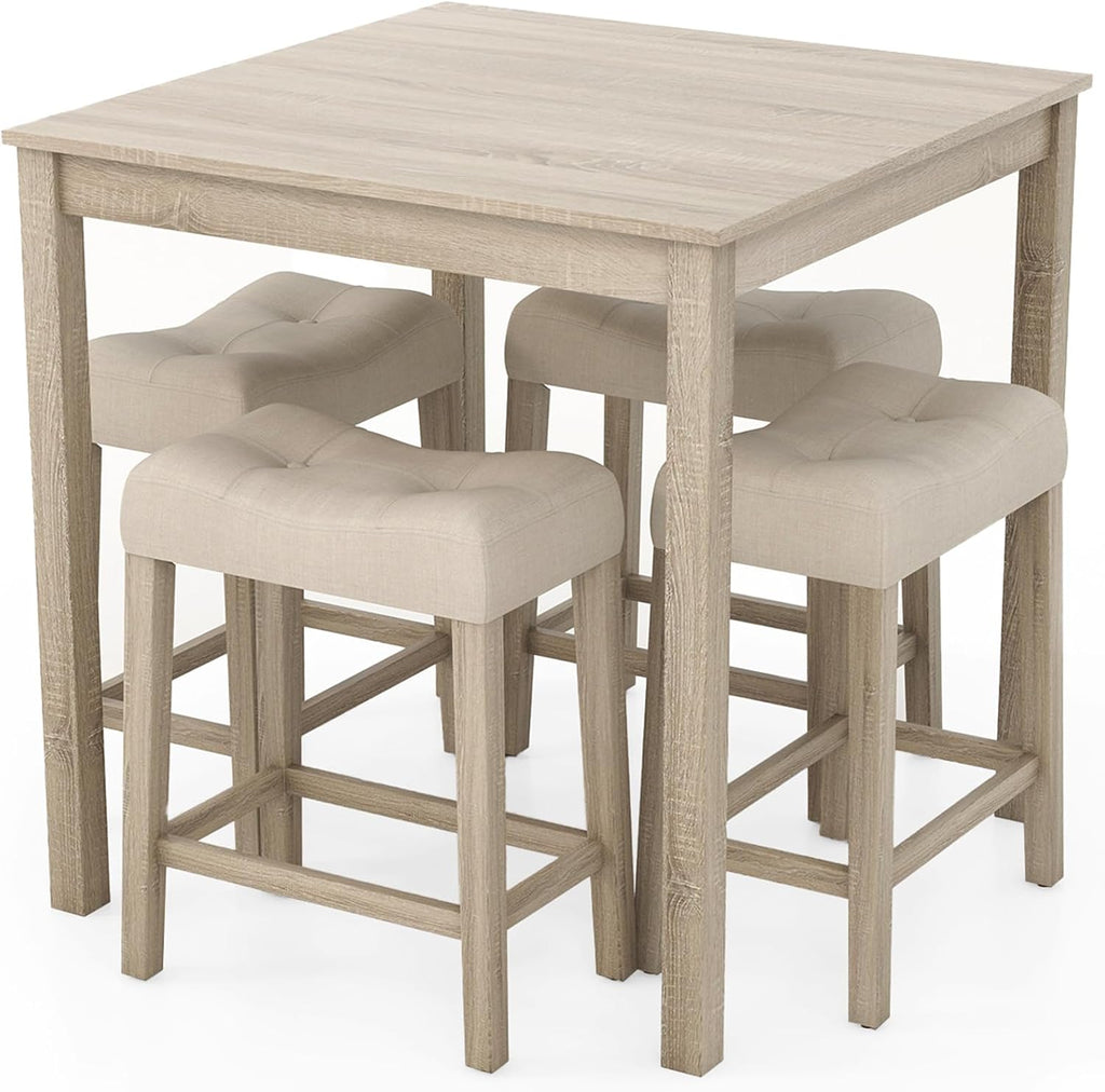 Giantex 5-Piece Bar Table Set with 35'x35 Square Table, 18'x11 Padded Stools, Rubber Wood Legs, Footrest, Bar Table and Chairs Set for Kitchen, Dinette, Small Space, Dining Table Set for 4