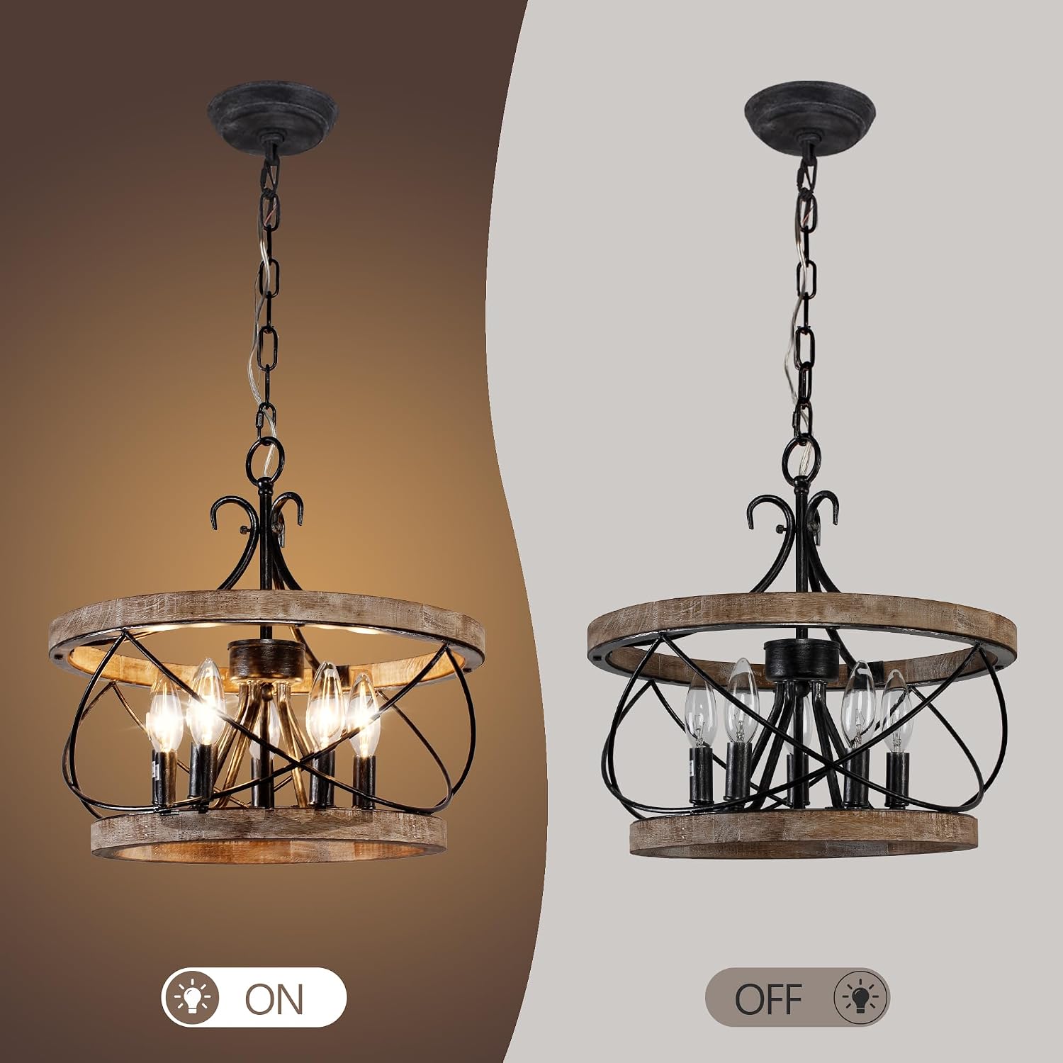 20' Farmhouse Chandelier, Rustic Drum Chandelier Light Fixture Over Table, 5-Light Pendent Light for Dining Room Vintage Wood Chandelier for Bedroom Hanging Lamp for Kitchen