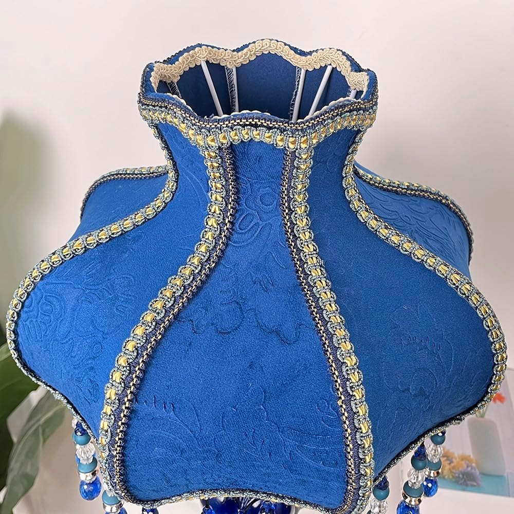 Meefad Victorian Table Lamp, Vintage Bedside Lamp with Beaded Fringe, Handpainted Resin Base, Elegant Night Light Accent Lamp for Bedroom Reading Nightstand (Dark Blue)