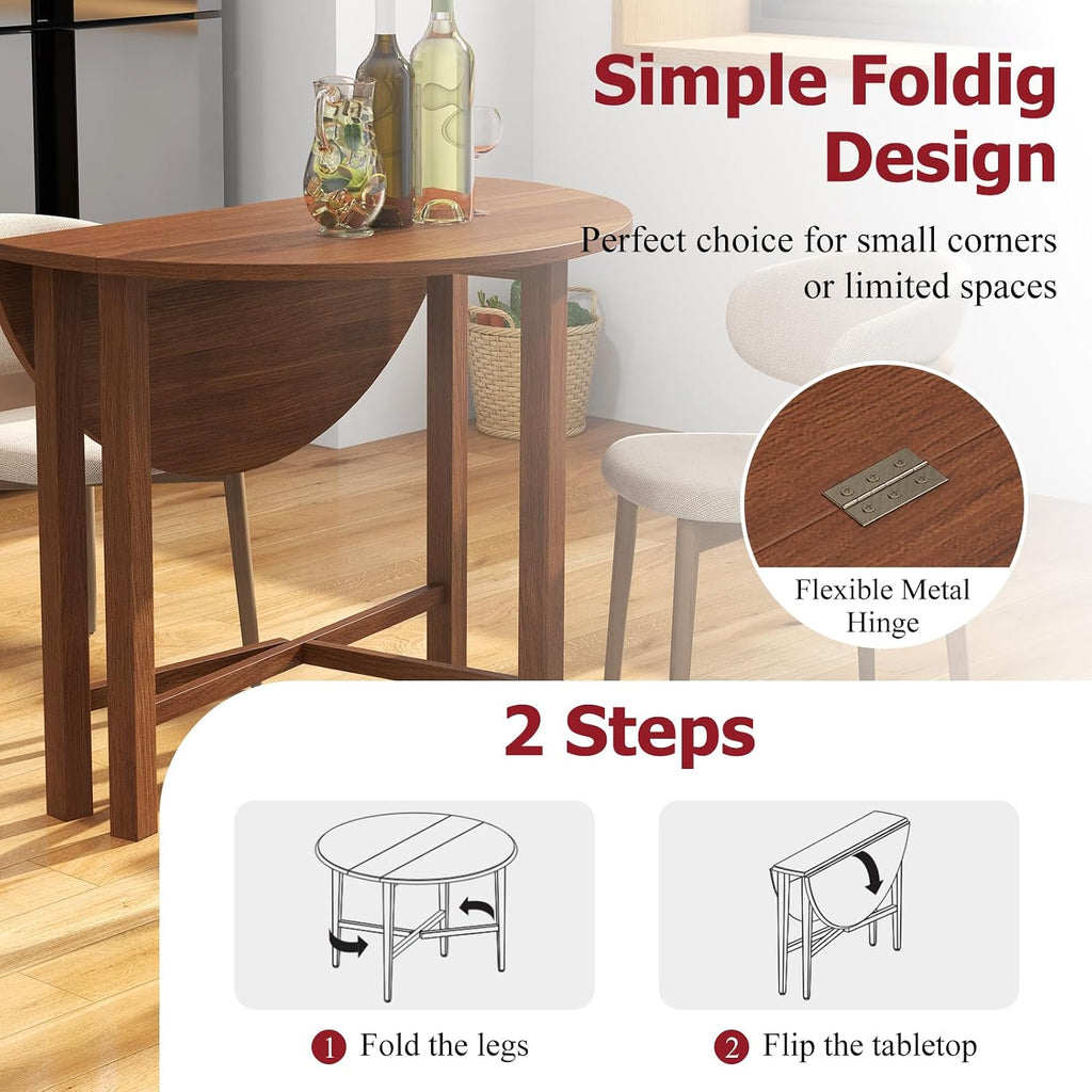 Tangkula 36' Foldable Round Dining Table, Kitchen Table w/Solid Rubber Wood Legs, Dual Drop Leaf Design, Farmhouse Circle Diner Table for 2-4 People, Dining Room, Living Room, Restaurant (Round)