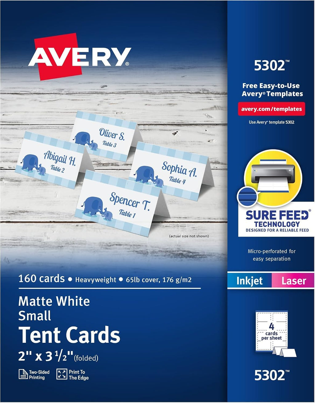 Avery Printable Tent Cards with Sure Feed Technology,2' x 3.5',White,160 Blank Place Cards for Laser or Inkjet Printers (5302),(Pack of 5)