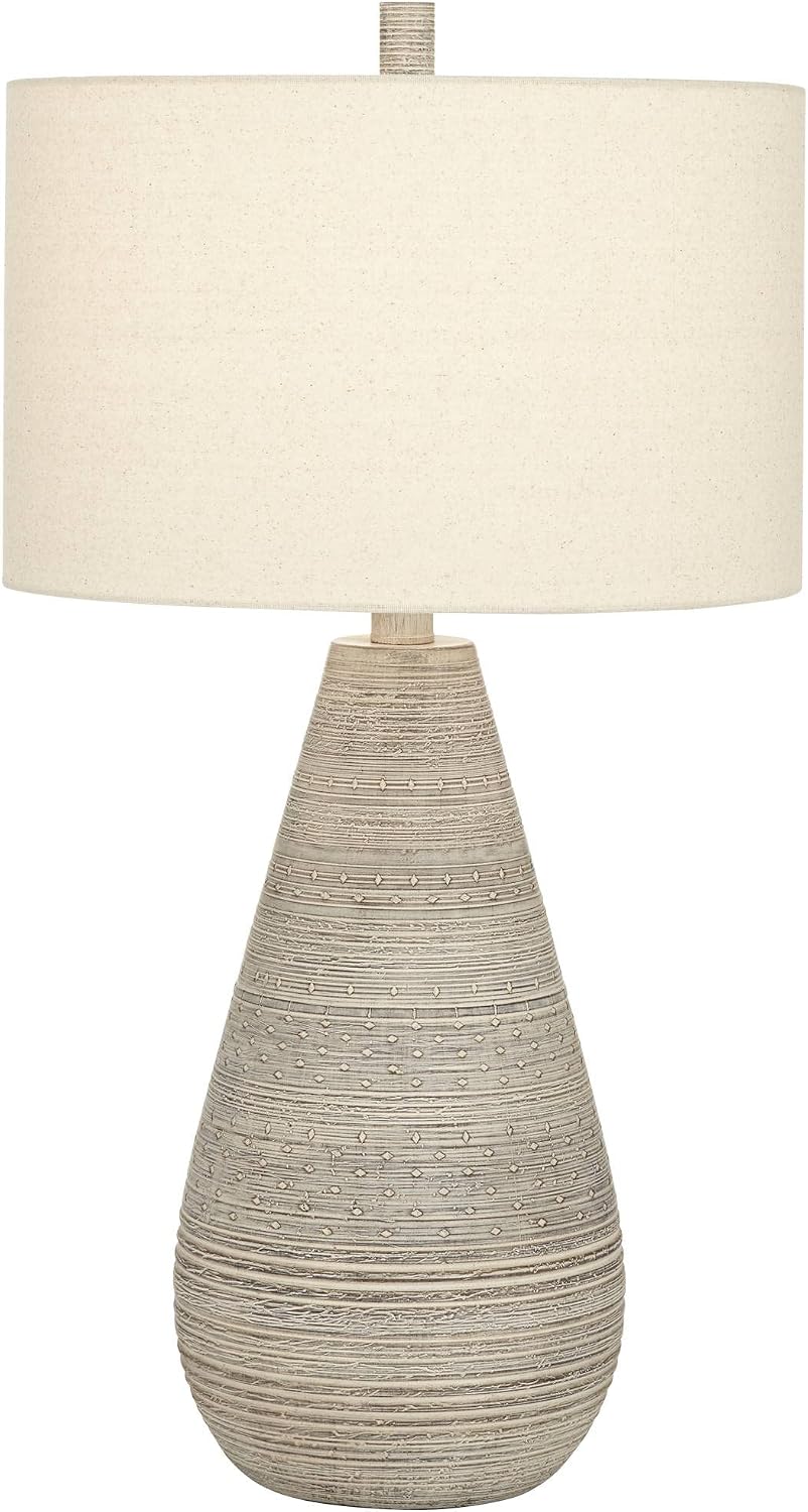 360 Lighting Julio Modern Table Lamp 30' Tall Natural Gray Textured Ceramic Off-White Oatmeal Fabric Drum Shade Decor for Living Room Bedroom House Bedside Nightstand Home Office Family
