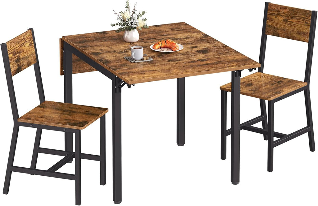 VASAGLE Extendable Dining Set, Dining Table with 2 Chairs, for Kitchen, 33.3-47.3 Inches Wide, Steel Frame, Rustic Brown and Ink Black LDC092B01V1-03