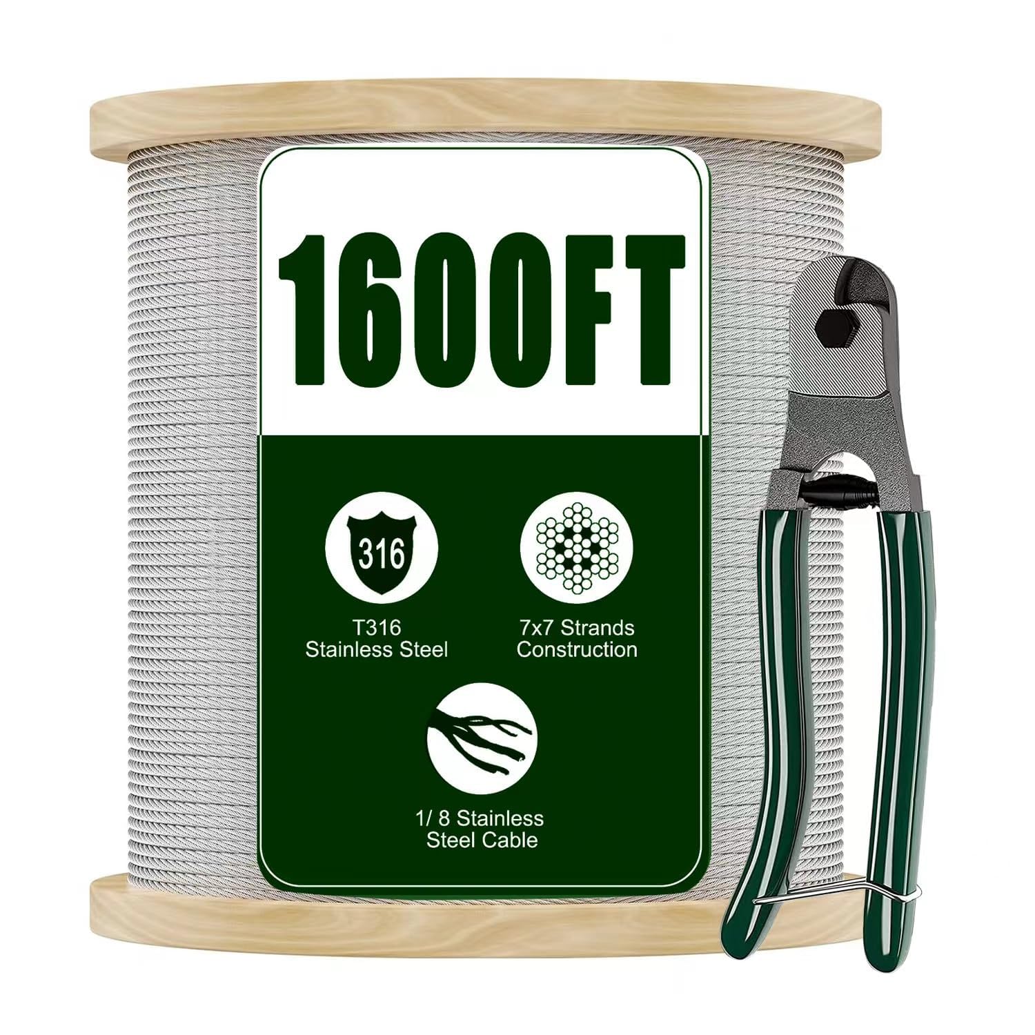 1/8 T316 Stainless Steel Cable with Cutter7x7 Strands Construction, for Deck Railing,Porch Fence,String Lights Hanging Wire 1600FT