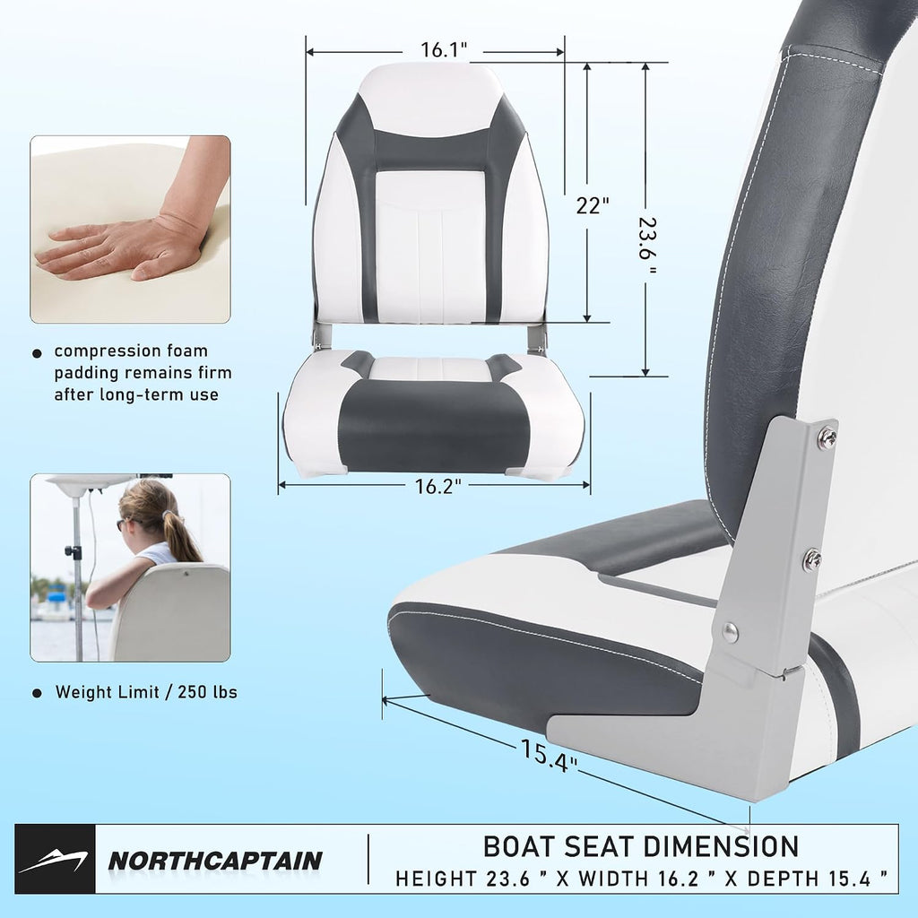 NORTHCAPTAIN S1 Deluxe A Pair of Marine High Back/Low Back Folding Fishing Boat Seat for Fishing, Bass/Jon/Pontoon Boat Chairs, 4 Mounting Screws Included