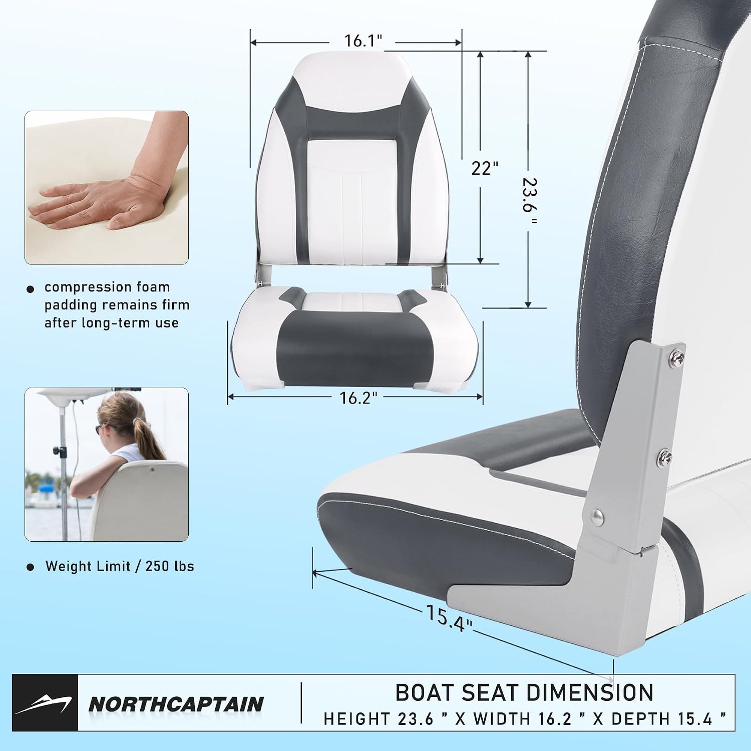 NORTHCAPTAIN S1 Deluxe A Pair of Marine High Back/Low Back Folding Fishing Boat Seat for Fishing, Bass/Jon/Pontoon Boat Chairs, 4 Mounting Screws Included