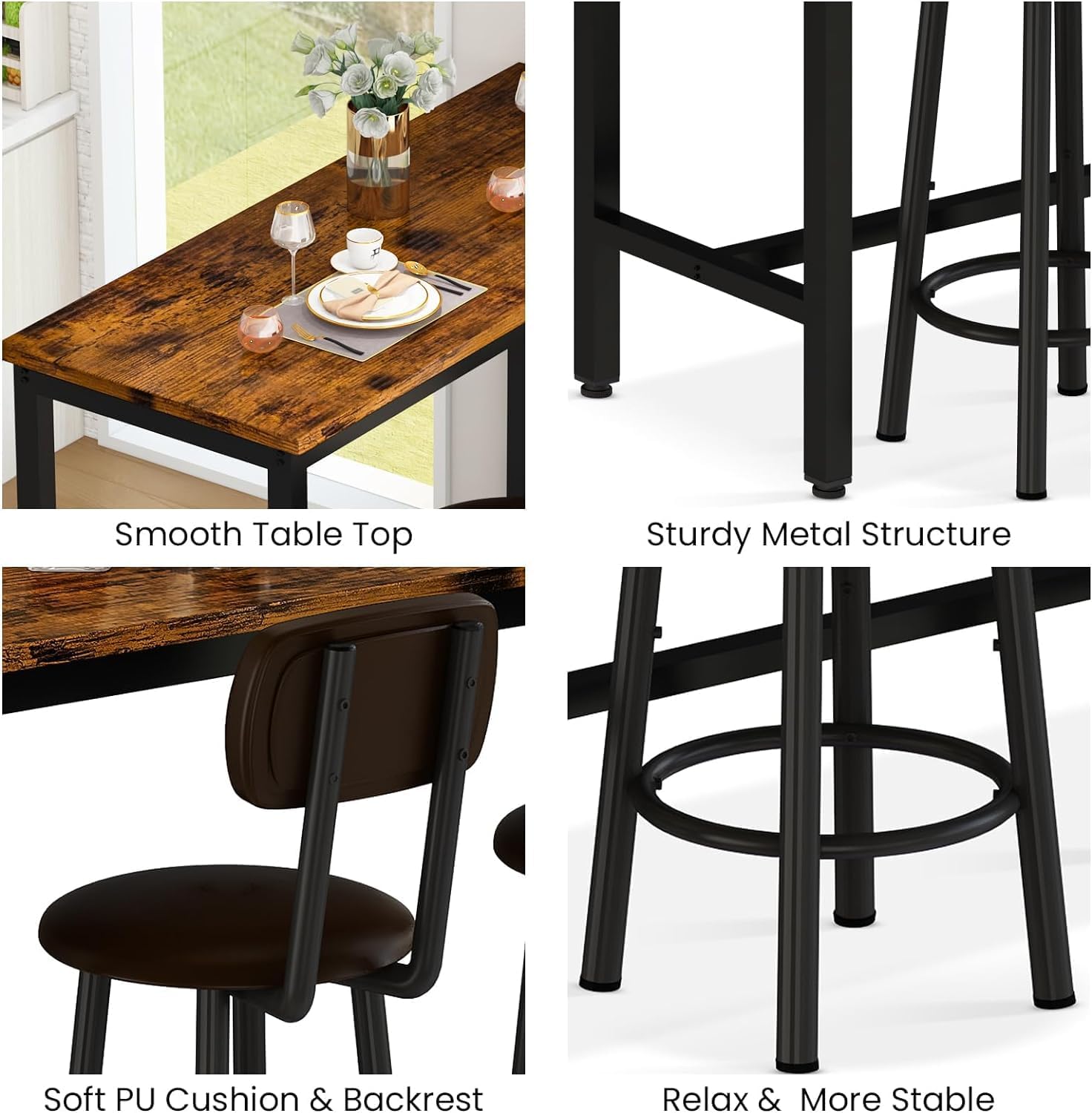 AWQM 47.2'' Pub Height Table Set for 4,Kitchen Dining Set with 2 Bar Table Table and 4 PU Leather Stools with Backrest,for Breakfast Nook,Living Room,Small Space,Bar,Rustic Brown & Brown, APHT-2