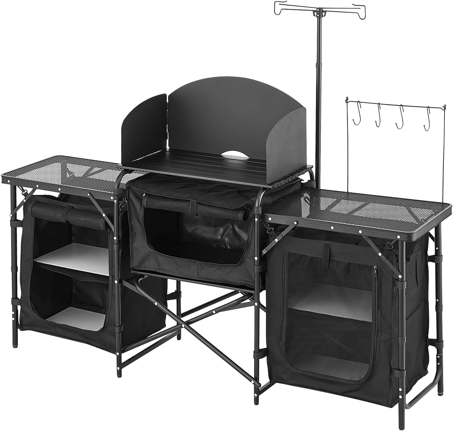 VEVOR Camping Kitchen Table, Outdoor Camp Cooking Table, Aluminum Portable Cook Station with 3 Storage Cupboard, Carrying Bag, Detachable Windscreen, Quick Set-up for BBQ Party Picnic RV Travel, Black