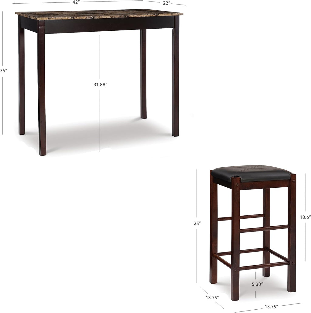 Linon Brown 3-Piece Table Faux Marble Tavern Set, 42' w x 22.25' d x 36' h