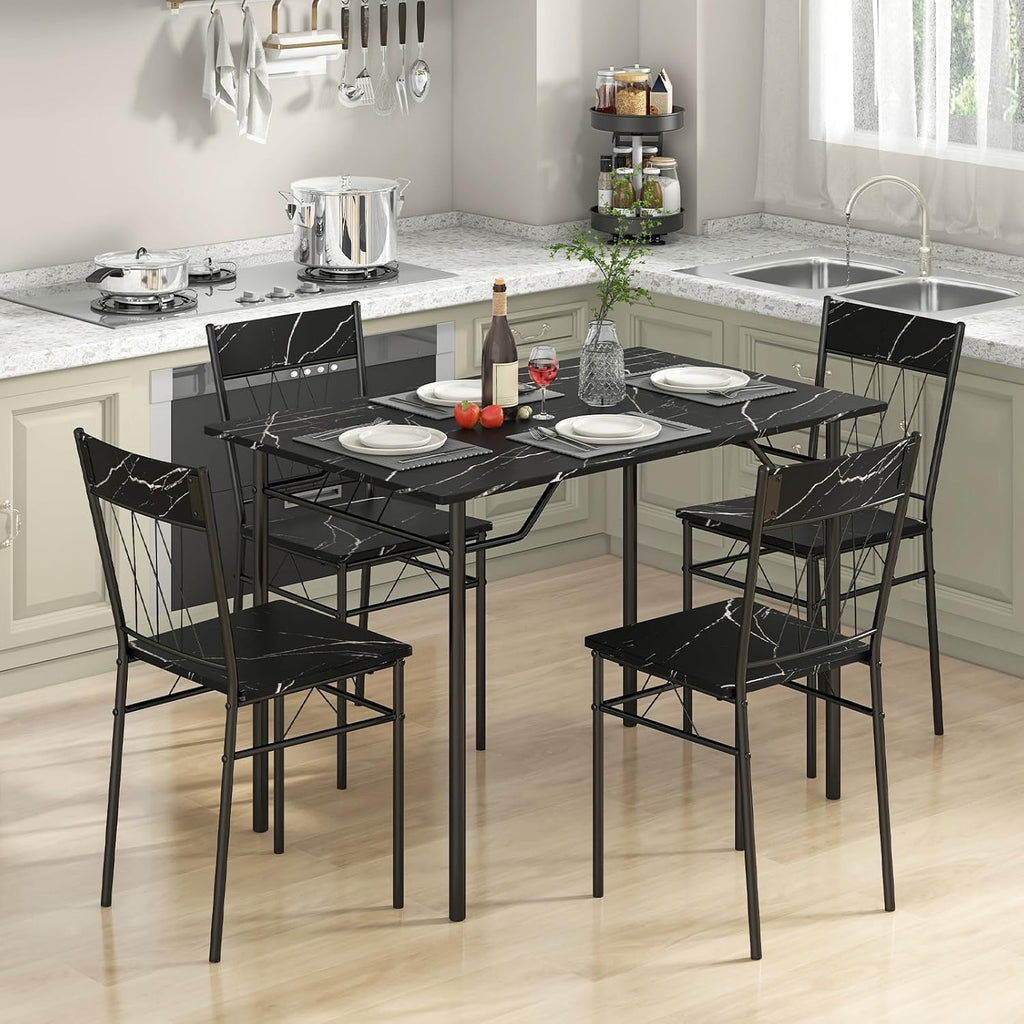 Giantex Dining Table Set for 4, 5-Piece Breakfast Nook with Kitchen Table, 4 Dining Chairs, Metal Frame, Space-Saving Dinette Table Set for 4, Small Place, Kitchen Table Chairs Set of 4 (Marble Black)