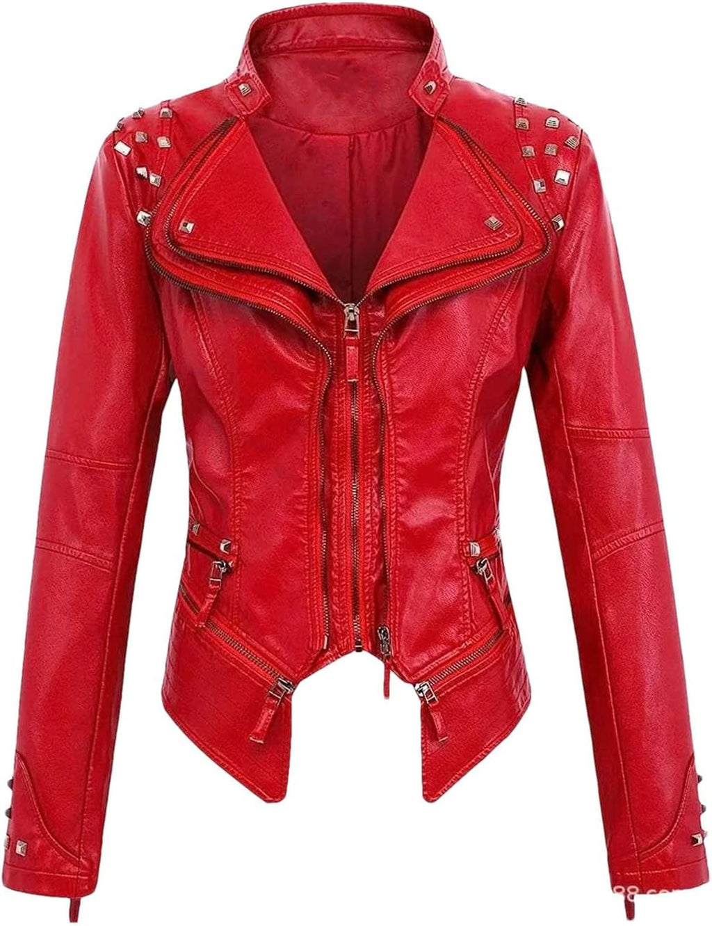 Women's Washed PU Leather Jacket With Lapel Rivets And Fitted Waist For Casual Autumn Fashion